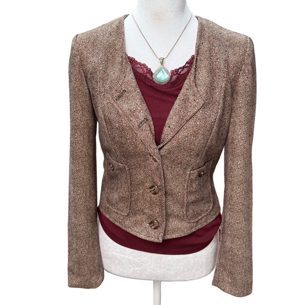 Vintage 70s Brown Tweed Blazer XS Tailored Jacket Medium Academia Office Career - Picture 2 of 13